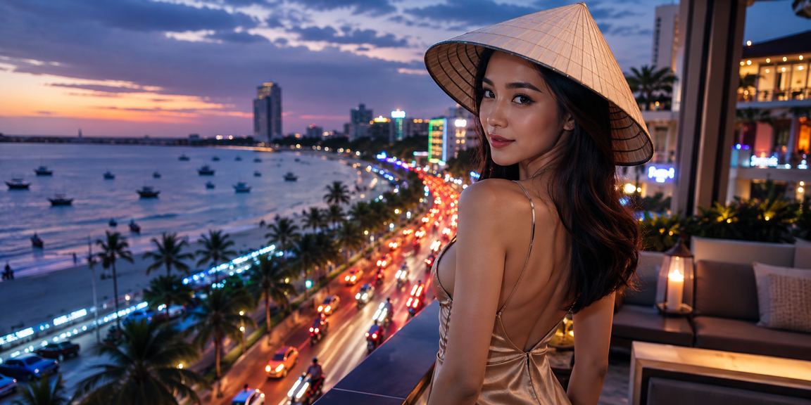 Người dùng Mũi Né đội nón lá tham gia casino và cá cược trực tuyến trên bãi biển