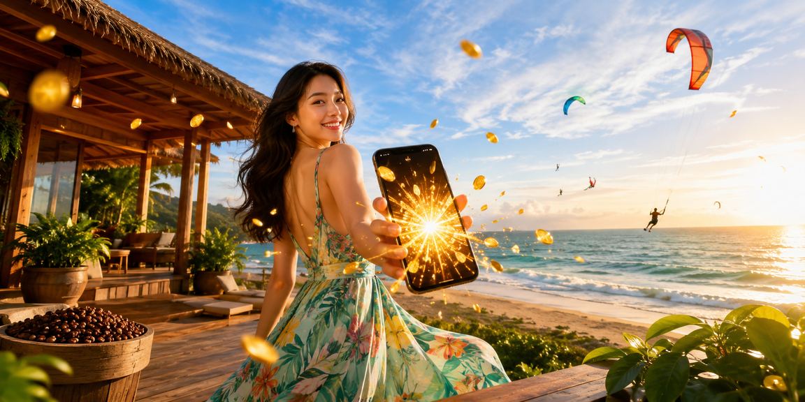 Người chơi tại Mũi Né cầm cốc cà phê và xem casino mobile dưới ánh nắng sáng sớm